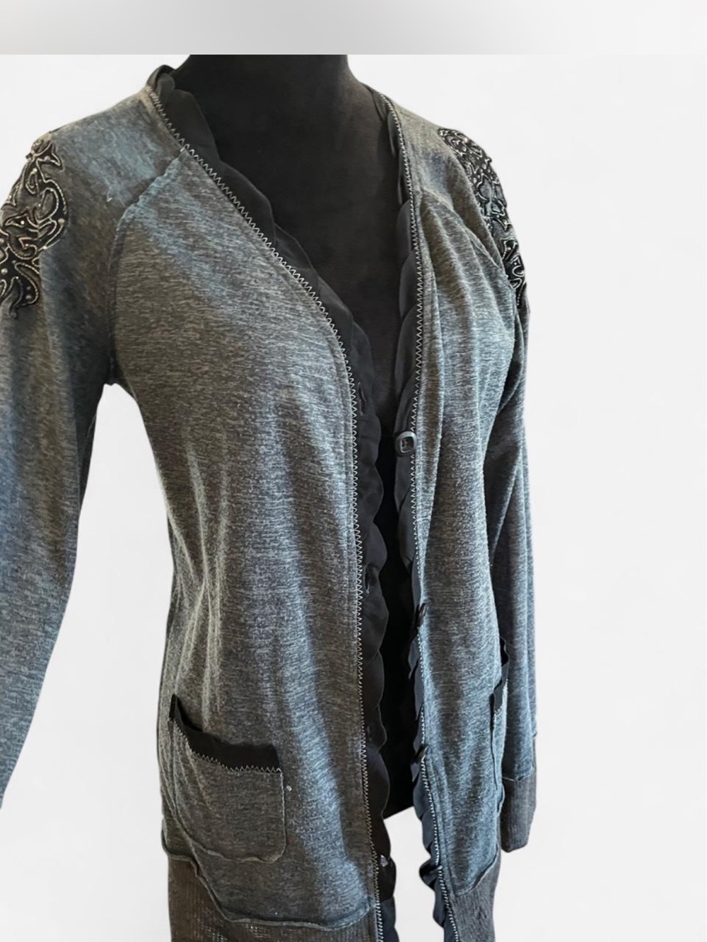 Miss Me Gray Embroidered Shoulder Cardigan